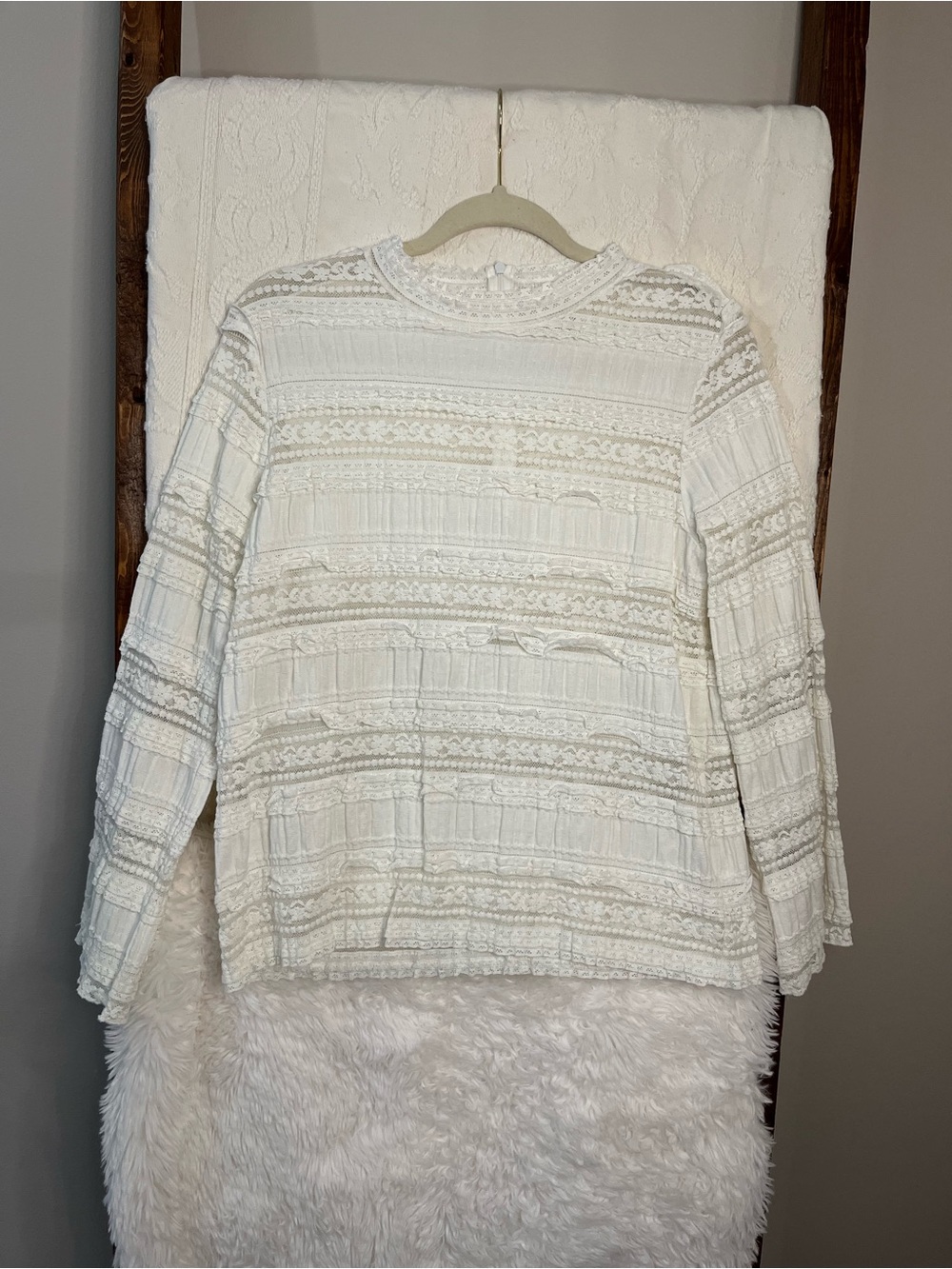 byTiMo White Lace Pleated High Neck Blouse - Romantic Boho Top